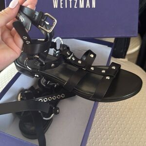 Stuart Weitzman Black Studded Leather Gladiator Sandals